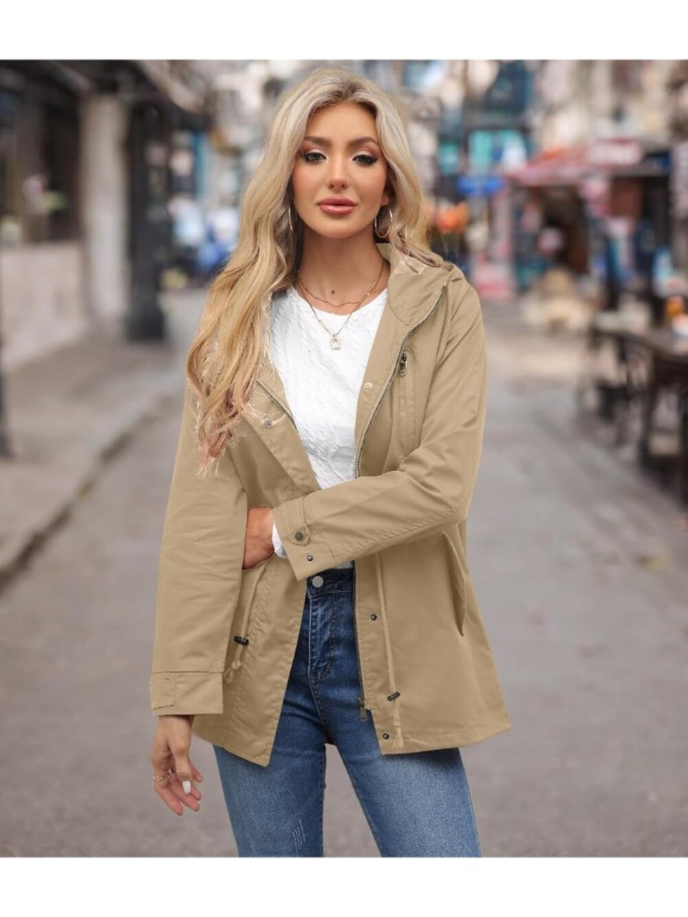 Women's Khaki Lightweight Jackets Anorak Utility Drawstring Waist Hoodie Zip Up - Picture 2 of 6